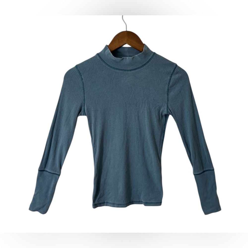 Free People Blue Ribbed Mock Neck Long Sleeve Top
